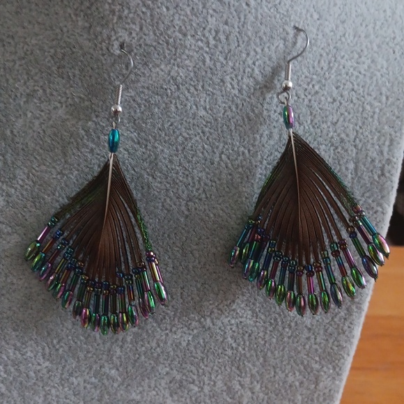 Peacock Feather Earrings - Picture 2 of 3